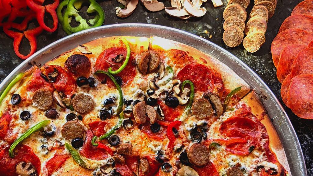 Pie Hole Combo · Pepperoni, Italian sausage, black olives, mushrooms, mixed bell peppers.