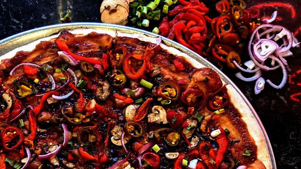 Boots 'N Spurs (Vegan) · Barbeque sauce, roasted red peppers, red onions, green onions, mushrooms, cherry peppers, sun-dried tomatoes