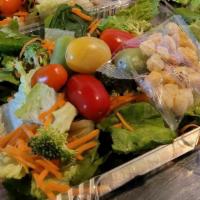Garden Salad · Romaine lettuce, carrots, broccoli, cherry tomatoes,  croutons (separate package) and choice...