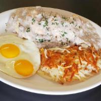 Biscuits And Sausage Gravy
 · Two eggs made to your liking and one homemade biscuit smothered with country sausage gravy s...