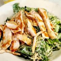 Caesar Salad
 · Fresh green salad croutons dressed parmesan cheese and grilled chicken breast.