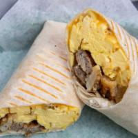Burrito Breakfast · Scrambled eggs with bacon, choice of meat, seasoned diced potatoes and Colby Jack cheese wra...