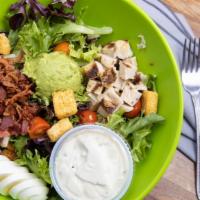 Cobb Salad · Mixed greens, grilled chicken, bacon, avocado, hard boiled egg, avocado, tomatoes and crouto...