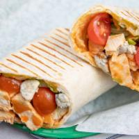 Buffalo Chicken Wrap · Grilled chicken, spicy Buffalo sauce, shredded cheese, blue cheese crumbles, lettuce, tomato...