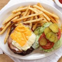 Oregon Trail Burger · Half lb. ground sirloin, one egg, ham, Swiss cheese cheddar cheese, lettuce, tomato, pickles...