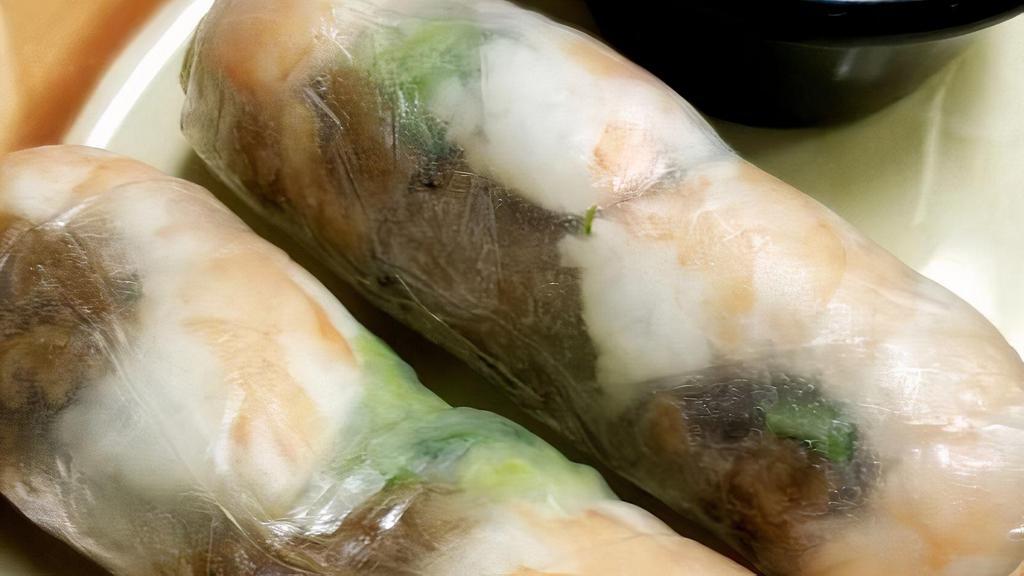Vietnamese Summer Roll · Two pieces. Shrimp, grilled pork, lettuce, and vermicelli noodles wrapped in rice paper.