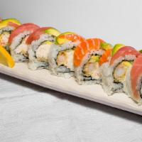 Rainbow Roll · In: california roll, out: tuna, salmon, albacore, yellow tail, shrimp.