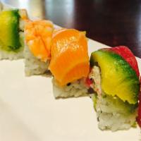 Spicy Rainbow Roll · In: spicy tuna roll, out: tuna, salmon, albacore, yellow tail, shrimp.