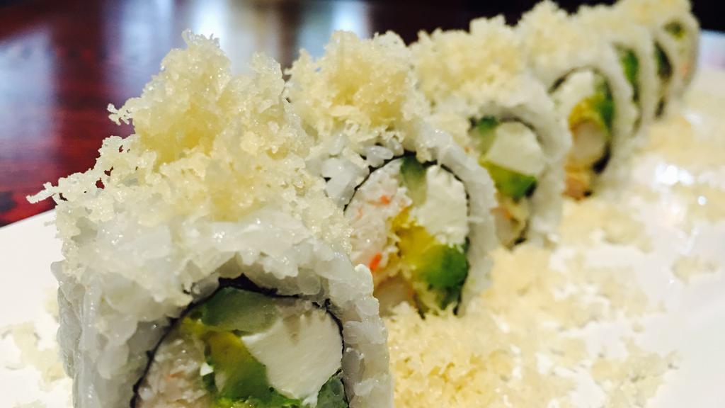 Philly Crunch Roll · In: crab meat, shrimp tempura, avocado, cucumber, philly cheese, out: tempura flake.