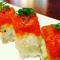 Mega Tuna Roll · In: spicy tuna roll, cucumber, out: fresh tuna with hot sauce.