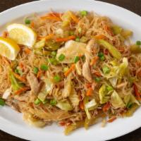 Pancit Bihon · Noodles sautéed with vegetables & chicken strips.