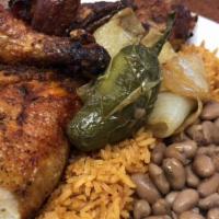 Half Chicken · With rice and beans.