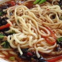 Hot & Sour Noodles With 3 Shredded Stuff 酸辣三丝面 · Noodles come with pork, pepper and agario in the broth.