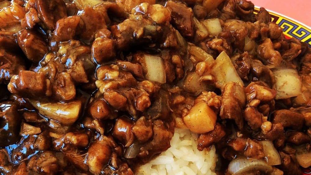 Braised Pork Rice 卤肉饭 · Rice comes with braised pork and onion.