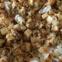 Mapo Tofu Rice 麻婆豆腐拌饭 · Rice comes with tofu and minced pork cooked in spicy sauce.