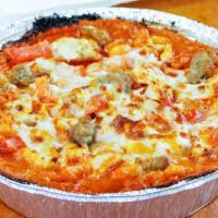 Pasta With Mezza Mezza · A mix of tomato and alfredo sauce, roma tomatoes, grilled chicken, sausage, mozzarella, parm...