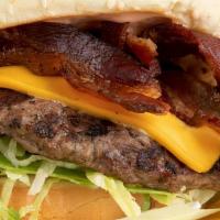 Double Bacon Cheese Burger · Two 1/4 lb patties with bacon, american cheese, lettuce, tomato, onions, and our house made ...