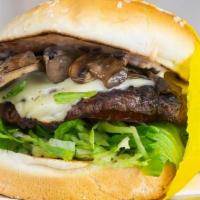Mushroom Swiss Burger · A 1/4 lb patty with swiss cheese, grilled mushrooms, lettuce, tomato, and onions