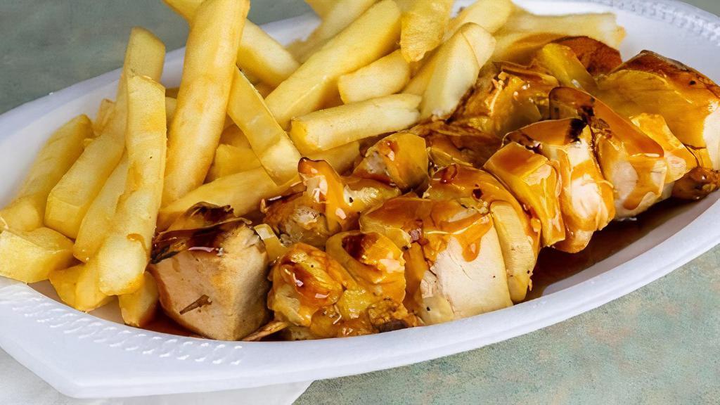 2 Piece Chicken Kabob · 2 chicken kabobs, together with pineapple and teriyaki sauce, served with your choice of french fries or rice