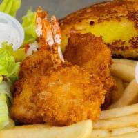 3 Piece Shrimp Dinner · 3 large breaded butterfly shrimp served with your choice of french fries or rice (Side salad...