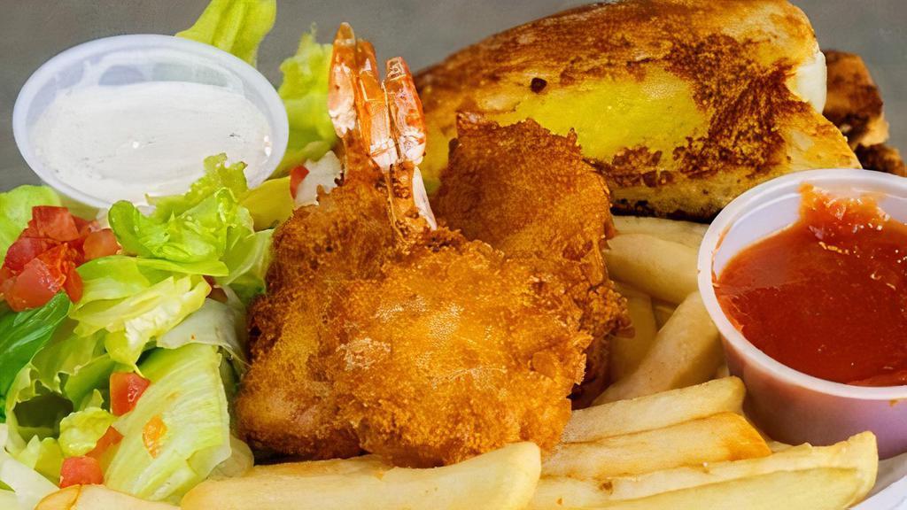 3 Piece Shrimp Dinner · 3 large breaded butterfly shrimp served with your choice of french fries or rice (Side salad and two pieces of Texas toast included)