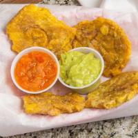 Patacones · 4 green plantains fried (tostones) served with hogao (Colombian refried tomatoes and onions)...