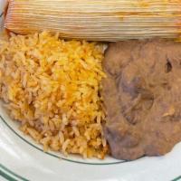 2 Tamale Plate · 2 tamales with your choice of meat and side of rice and beans