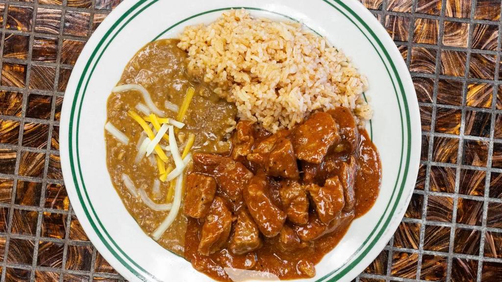 Chile Colorado Plate  · Pork Meat made with Red Sauce comes with Rice and Beans
