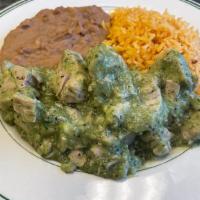 Chile Verde Plate · Pork Meat made with a Green Sauce comes with Rice and Beans