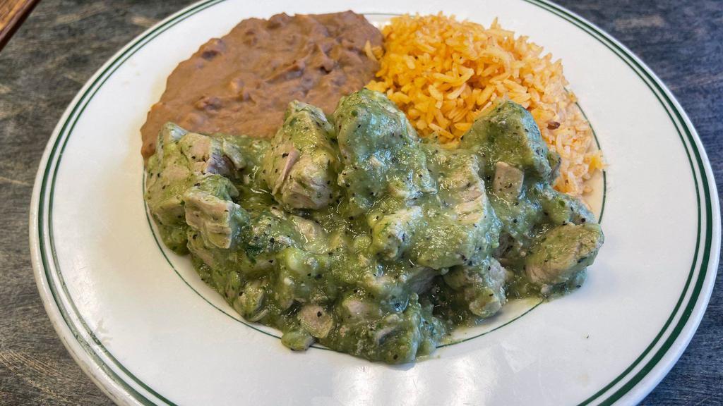 Chile Verde Plate · Pork Meat made with a Green Sauce comes with Rice and Beans