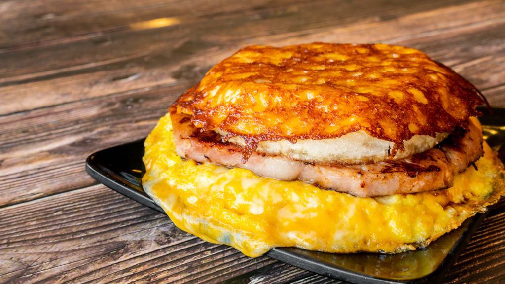 Ham It Up · Ham, egg, and Swiss on English muffin. Sandwiches include two over hard fried eggs, grilled Jack-Cheddar cheese cap, and choice of 1 sauce on the side.