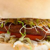 Veggie Burger · grilled veggie burger / american cheese / topped with fresh alfalfa sprouts / lettuce / red ...