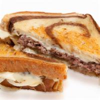 Patty Melt · beef patty / swiss cheese / caramelized onions / on toasted marbled rye
