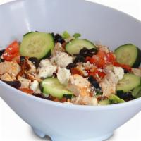 Greek Feta Salad · chopped romaine lettuce / grilled chicken / onions / cucumbers / olives / feta cheese / toma...