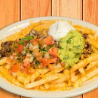 Carne Asada Fries · French fries served with carne asada, melted cheese, pico de gallo, sour cream, fresh guacam...