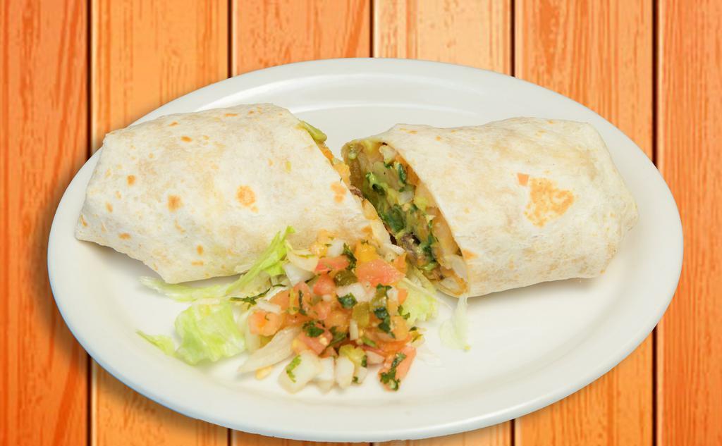 Supreme Burrito · Flour tortilla filled with your choice of meat, rice, beans, lettuce, pico de gallo, shredded cheese, sour cream & guacamole.