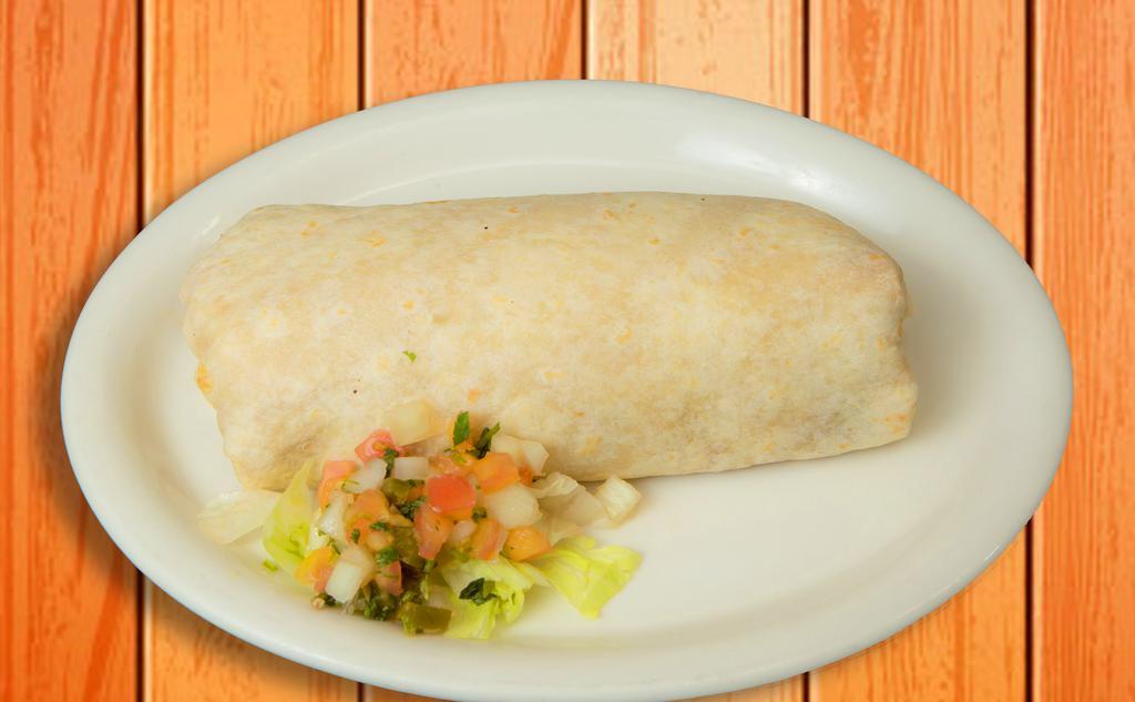 Regular Burrito · Flour tortilla filled with your choice of meat, rice, beans, pico de gallo, and shredded cheese.