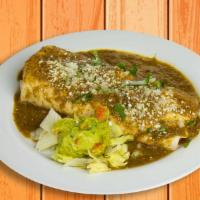 Chile Verde Wet Burrito · Flour tortilla filled with tender chunks of pork stewed in its own salsa verde, rice, beans,...