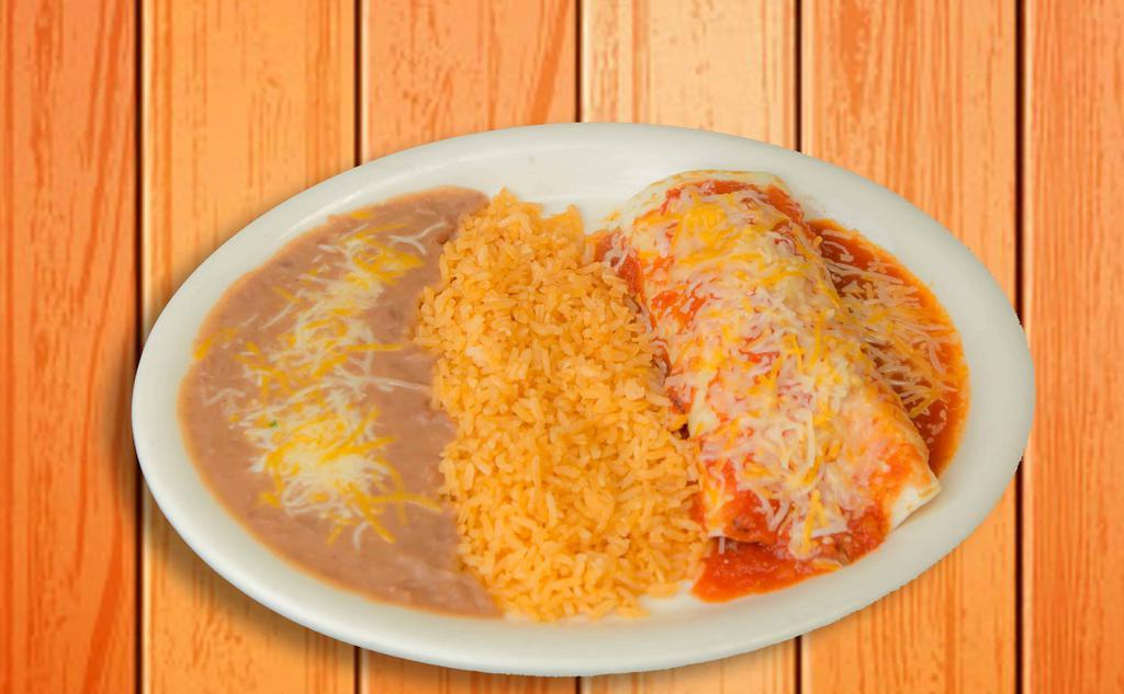 Kids' Burrito Plate · Small flour tortilla filled with your choice of cheese, chicken, or beef, topped with mild tomato sauce and melted choice, and served with your choice of rice and beans or french fries. Kids' size beverage included.
