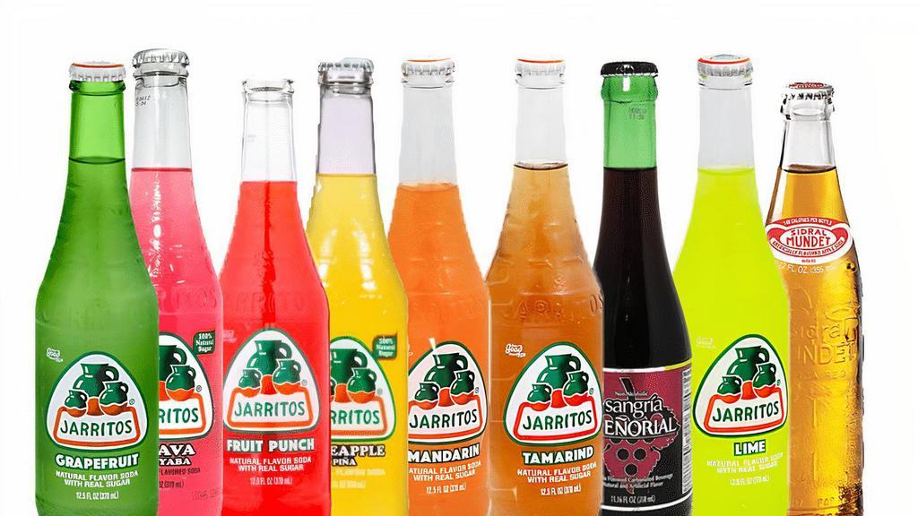 Jarritos · Choose from the delicious Jarritos with your choice of Tamarind, Lime, Mandarin, Guava, Pineapple, Fruit Punch, Mango, Sidral Mundet, Sangria, Grapefruit or Mineral Water.