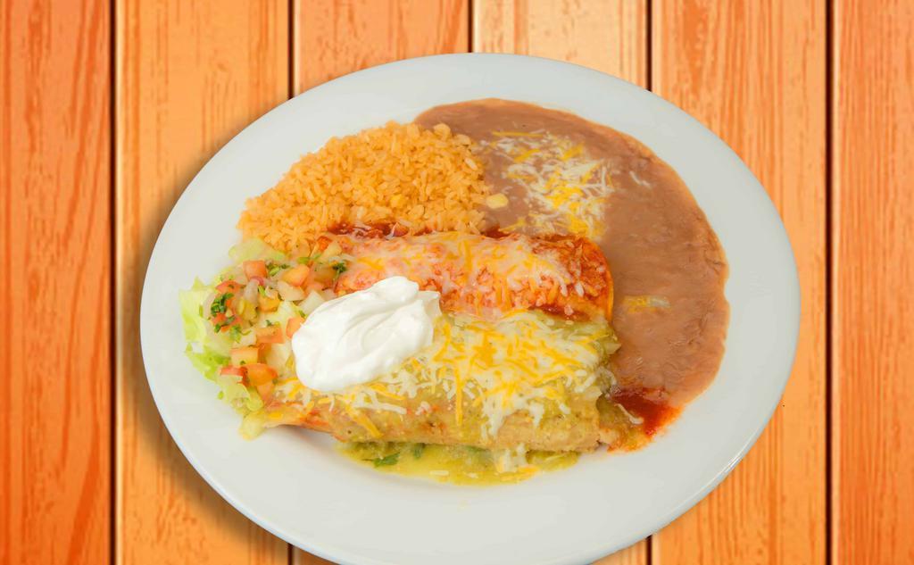 Tamal Enchilada Plate · Tamal filled with pork or chicken and corn tortilla enchilada filled with your choice of meat. Served with rice and beans.