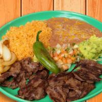 Carne Asada · Grilled skirt steak accompanied with pico de gallo, onions, and guacamole. Served with rice ...