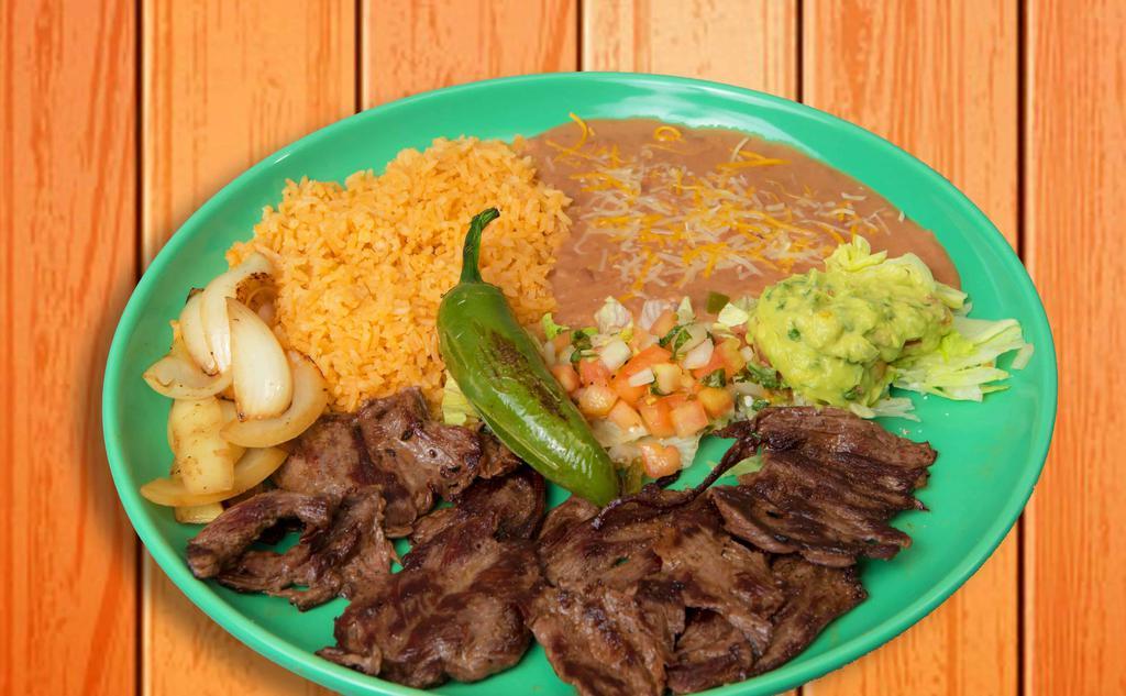 Carne Asada · Grilled skirt steak accompanied with pico de gallo, onions, and guacamole. Served with rice & beans.