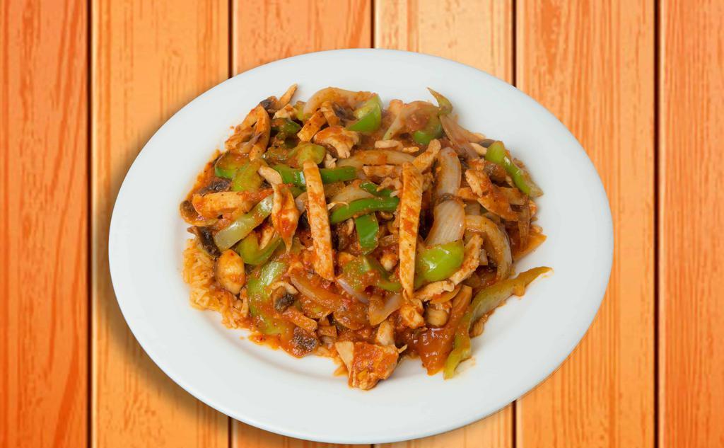 Arroz Con Pollo · Tender strips of boneless chicken sautéed in zesty light tomato sauce, with mushrooms, onions, and bell peppers. Served over a bed of rice.