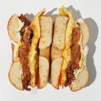 Southwest Sandwich · chorizo, scrambled eggs, jalapeno cream cheese, on a fresh bagel