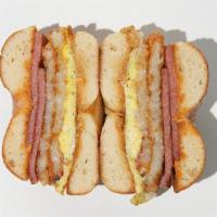 Beast Of The East Sandwich · The Tom Brady of Breakfast Sandwiches! pork roll, hashbrowns, scrambled eggs, cheddar, and c...