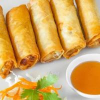 Egg Rolls · Pork, cabbage, carrots, vermicelli noodles wrap in pastry, deep fried and served with sweet ...