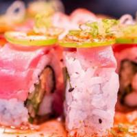 Heartbreaker Roll · Alaskan Snow crab, cilantro, cucumber, topped with seared 7 spiced Bluefin tuna, jalepeno, s...