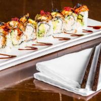 Ultimate Dragon · Alaskan Snow crab, avocado, cucumber, topped with unagi, black/red tobiko and drizzled with ...