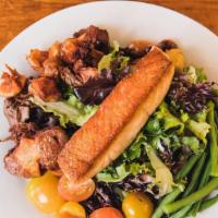 Niçoise Salmon Salad · Pan roast salmon, mixed lettuce, olives, tomatoes, potatoes, green beans & citrus vinaigrette